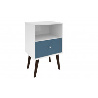 Manhattan Comfort 203AMC64 Liberty Mid Century - Modern Nightstand 1.0 with 1 Cubby Space and 1 Drawer in White and Aqua Blue  with Solid Wood Legs